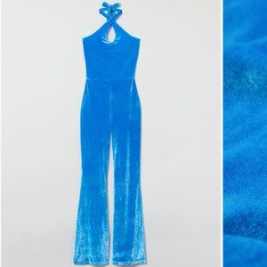 Blue velour halter jumpsuit